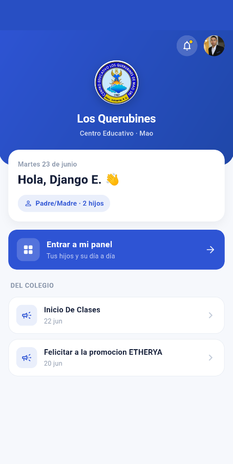 Pantalla de inicio de la app de Los Querubines: saludo a la familia y acceso al panel